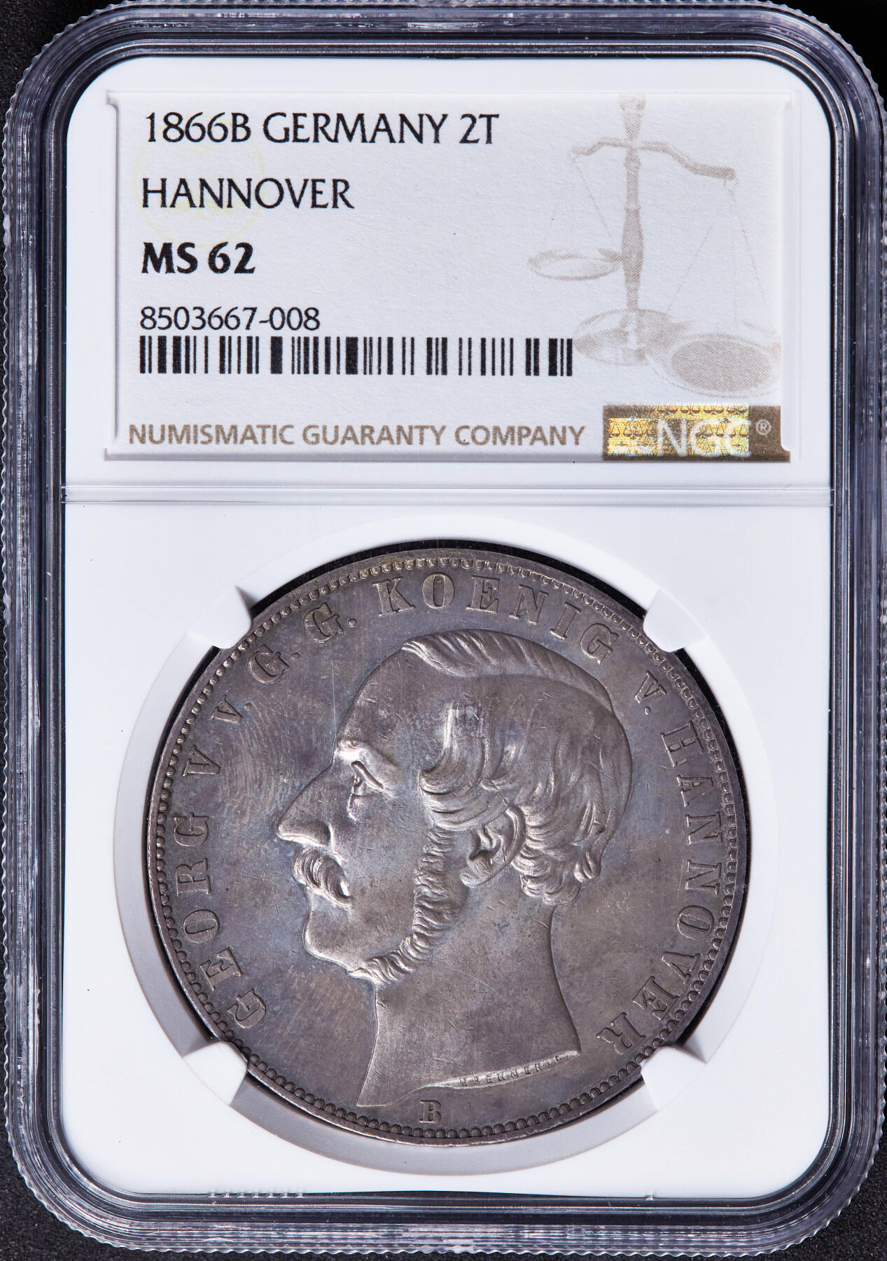 【俄甄集藏】“万象更新、马呈祥瑞”迎新春俄甄精品场-2026年(047)01-21 星期三 晚 19:30 全场包邮 德国汉诺威1866年格奥尔格五世B版双神兽盾徽2泰勒大银币，NGC MS62，酱彩老包浆，名誉品种