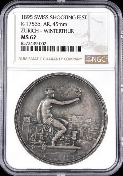 【雨安】【直播拍卖】【第0124期-评级币章】2026-01-17 周六 19:30 - [评级章] Switzerland [章] 瑞士 1895年 射击节 苏黎世 Zurich-Winterthur 银章  NGC-MS62