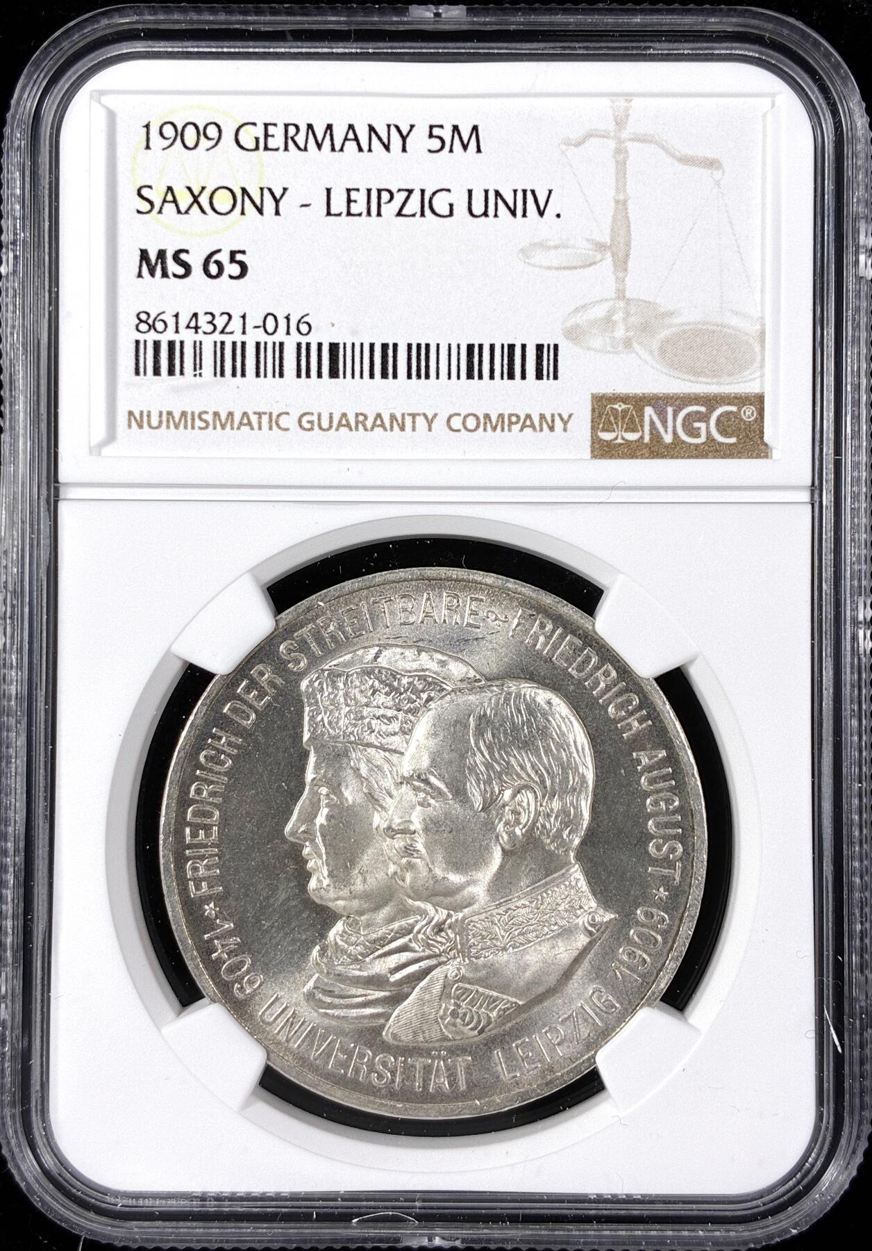 【雨安】【直播拍卖】【第0124期-评级币章】2026-01-17 周六 19:30 [评级德国] Germany 德国 帝国 J.139 萨克森 5马克 (1909) 莱比锡大学 1909年  NGC-MS65