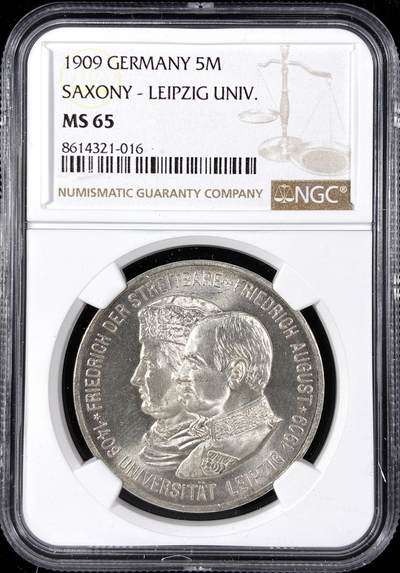 【雨安】【直播拍卖】【第0124期-评级币章】2026-01-17 周六 19:30 - [评级德国] Germany 德国 帝国 J.139 萨克森 5马克 (1909) 莱比锡大学 1909年  NGC-MS65