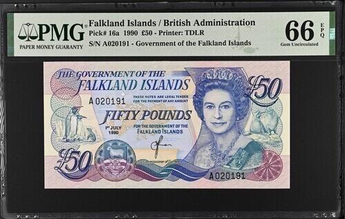【礼羽收藏】🌏世界钱币拍卖第120期 PMG福克兰群岛1990年50镑A版A冠首发无3457朦胧号(女王伊丽莎白二世头像，背面是斯坦利总督府、大教堂和鲸骨纪念碑图)雕刻精凹凸有致荧光漂亮
