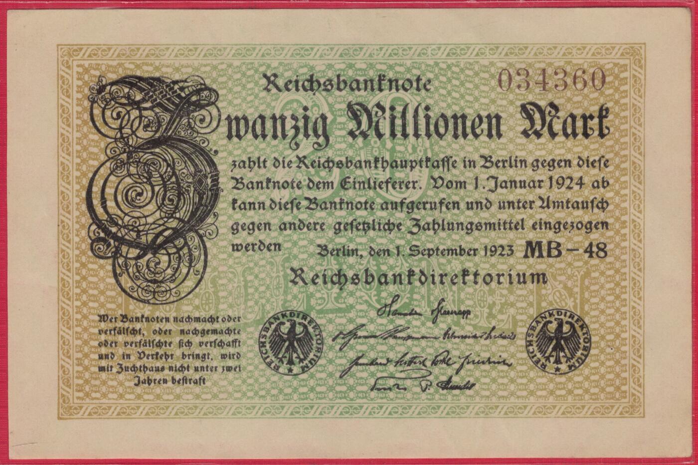 德国1923年2000万(20000000)马克 P-108c E型水印(星纹内的G/D字母) 实物图 UNC- 