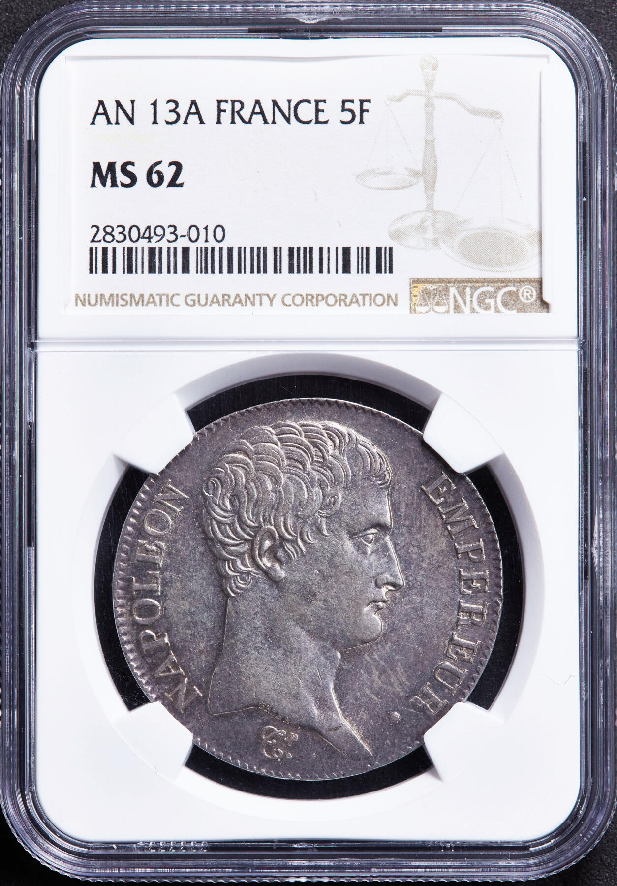 【俄甄集藏】“万象更新、马呈祥瑞”迎新春俄甄精品场-2026年(047)01-21 星期三 晚 19:30 全场包邮 法国1805年拿破仑一世共和版5法郎大银币，NGC MS62，紫罗兰酱彩老包浆，转光品相，味道一流，名誉品种