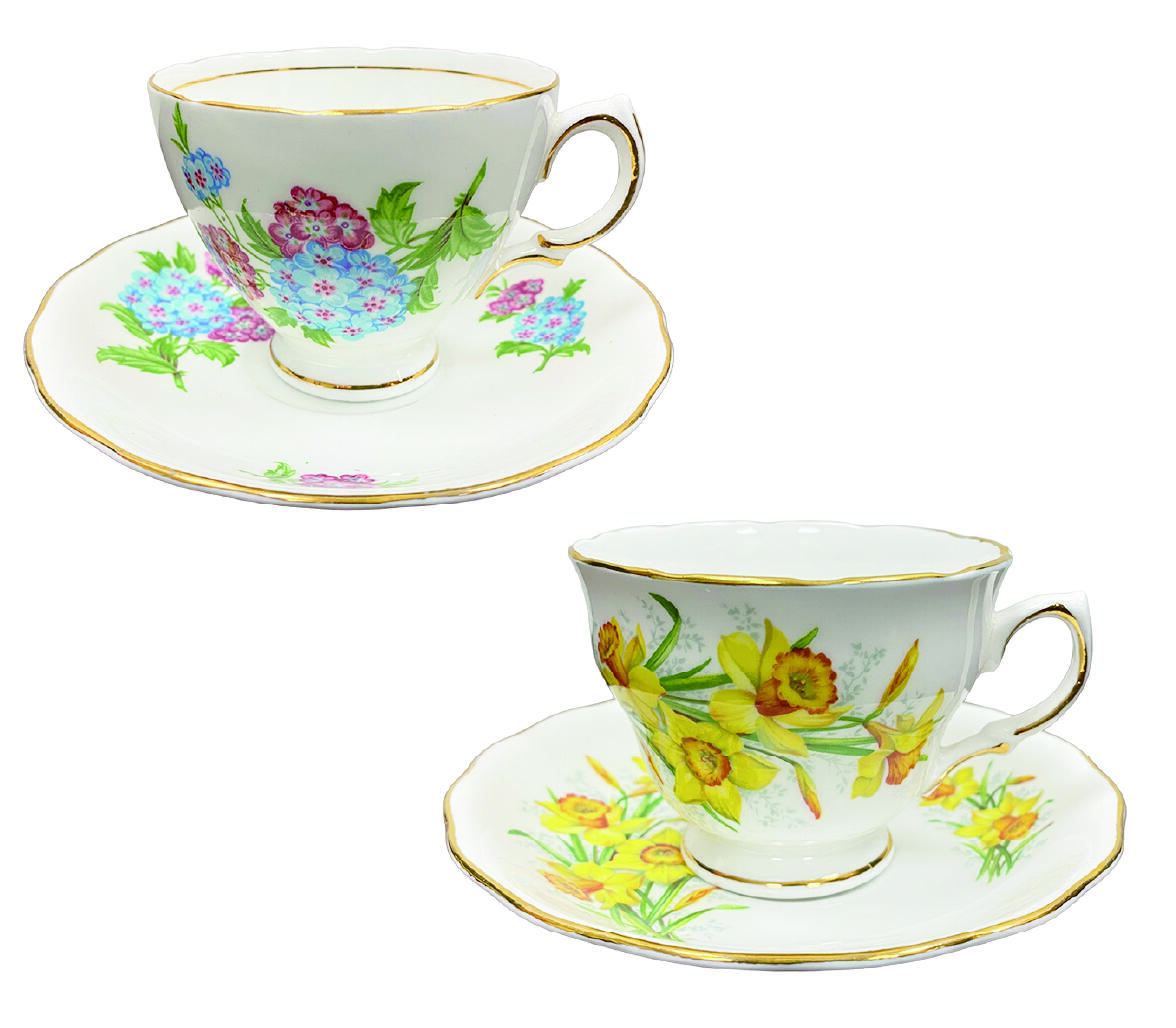 上海拍卖行2025年秋季古董珍玩拍卖会 英国Royal Vale彩绘花卉骨瓷描金杯、碟(该品牌于1972年被Royal Doulton收购)