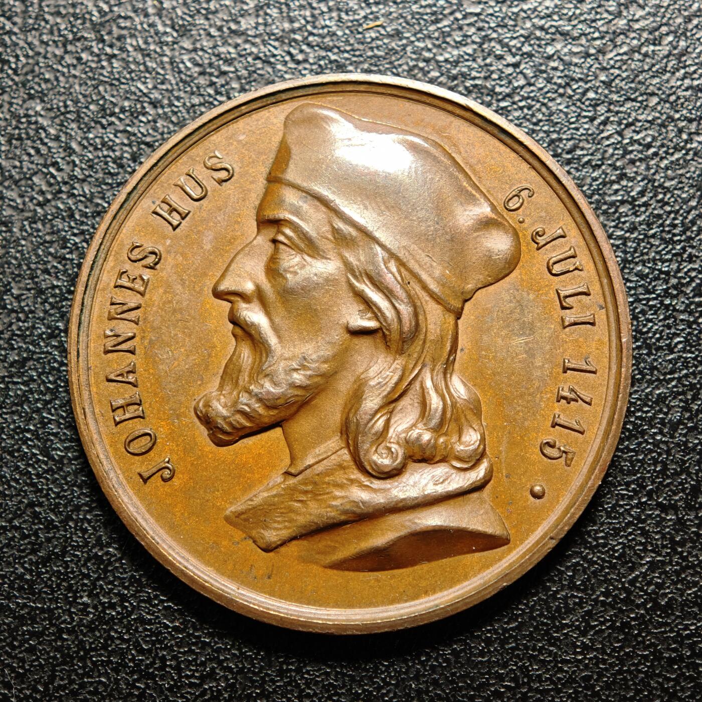 【德藏】世界币章拍卖第162期（拍品征集中~欢迎藏友联系） 1915年 捷克宗教思想家、哲学家、改革家约翰·胡斯殉道500周年高浮雕纪念铜章 直径约：33.8mm；重约：14.4g