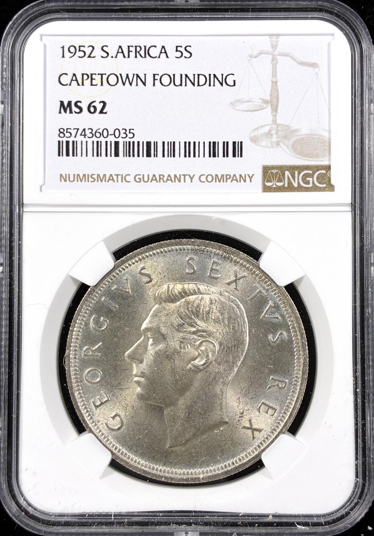 【雨安】【直播拍卖】【第0124期-评级币章】2026-01-17 周六 19:30 [评级非洲] South Africa 南非 5先令 1952年 乔治五世 发现开普敦  NGC-MS62