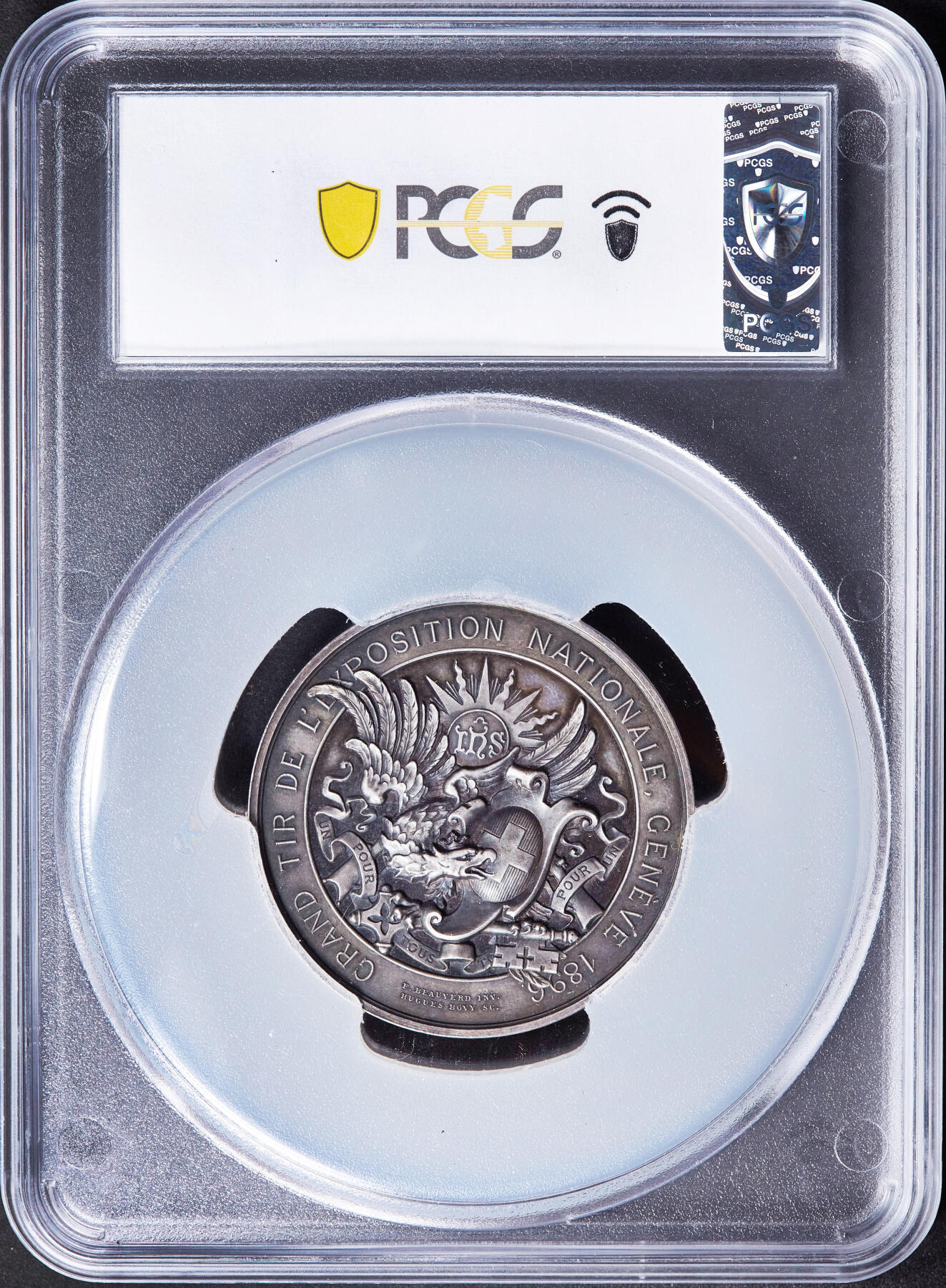 【俄甄集藏】“万象更新、马呈祥瑞”迎新春俄甄精品场-2026年(047)01-21 星期三 晚 19:30 全场包邮 瑞士1896年纪念日内瓦射击节虎妞射箭大银章，PCGS SP63，酱彩老包浆，高浮雕，名誉品种，直径：48mm