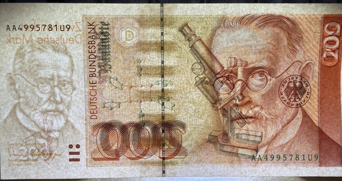 《艾美收藏》第229期-1.18周日外币荟萃 德国200马克 UNC 1989年 德国医学家保罗·埃尔利希 AA冠