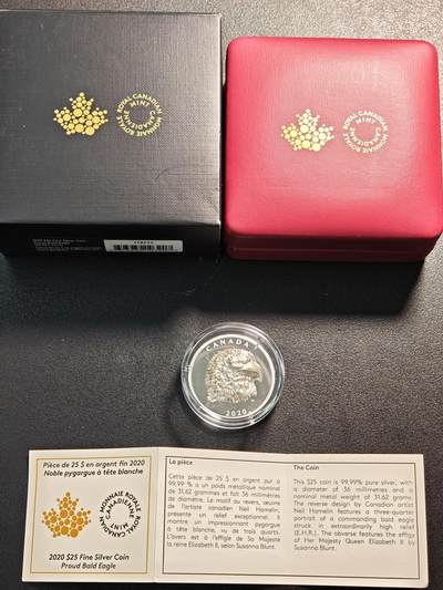 【德藏】世界币章拍卖第162期（拍品征集中~欢迎藏友联系） -  2020年 加拿大秃鹰25元高浮雕精制纪念银币 直径36mm 重量31.62g 成色999银 原盒 原证书
