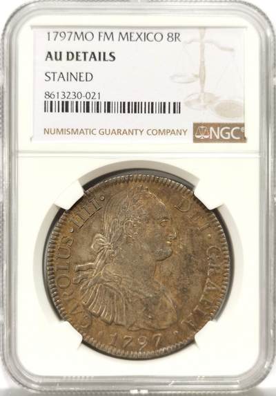 博洋堂世界钱币拍卖第157期（全场包邮） - NGC AU 西属墨西哥1797年FO FM卡洛斯四世双柱银币，底板五彩包浆