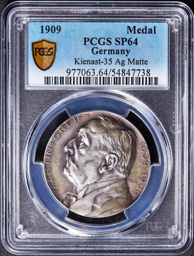 【俄甄集藏】“万象更新、马呈祥瑞”迎新春俄甄精品场-2026年(047)01-21 星期三 晚 19:30 全场包邮 - 德国1909年纪念诗人马丁·格雷夫逝世暨克赖堡戏剧节银章，PCGS SP64，黄油彩老包浆，顶级状态，唯一冠军分