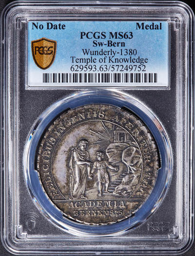 【俄甄集藏】“万象更新、马呈祥瑞”迎新春俄甄精品场-2026年(047)01-21 星期三 晚 19:30 全场包邮 - 瑞士18世纪末伯尔尼学院知识殿堂题材花边大银章，PCGS MS63，黄油酱彩老包浆，少见品种