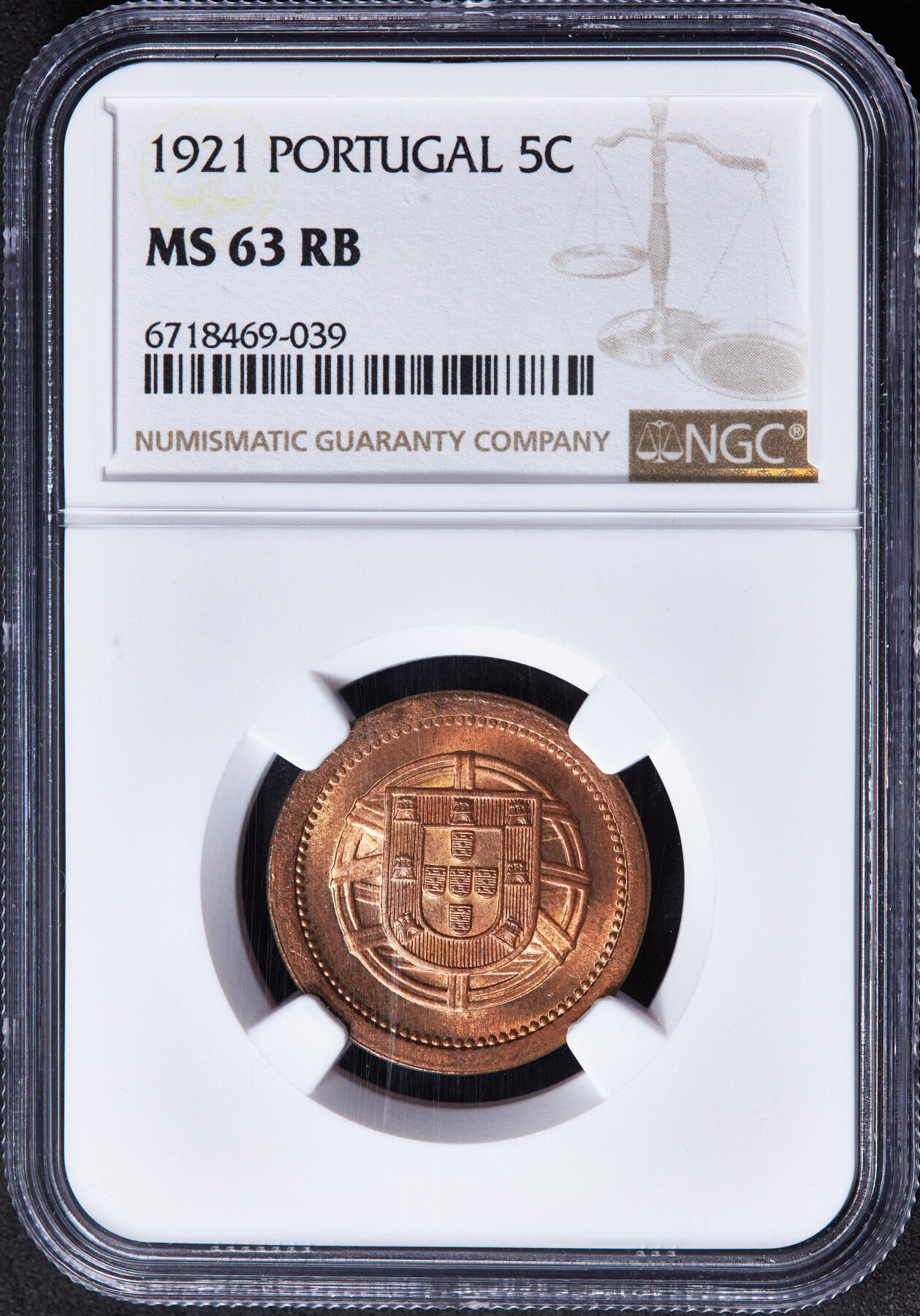 【俄甄集藏】“万象更新、马呈祥瑞”迎新春俄甄精品场-2026年(047)01-21 星期三 晚 19:30 全场包邮 葡萄牙1921年国徽版5分铜币，NGC MS63RB，原铜色转光品相