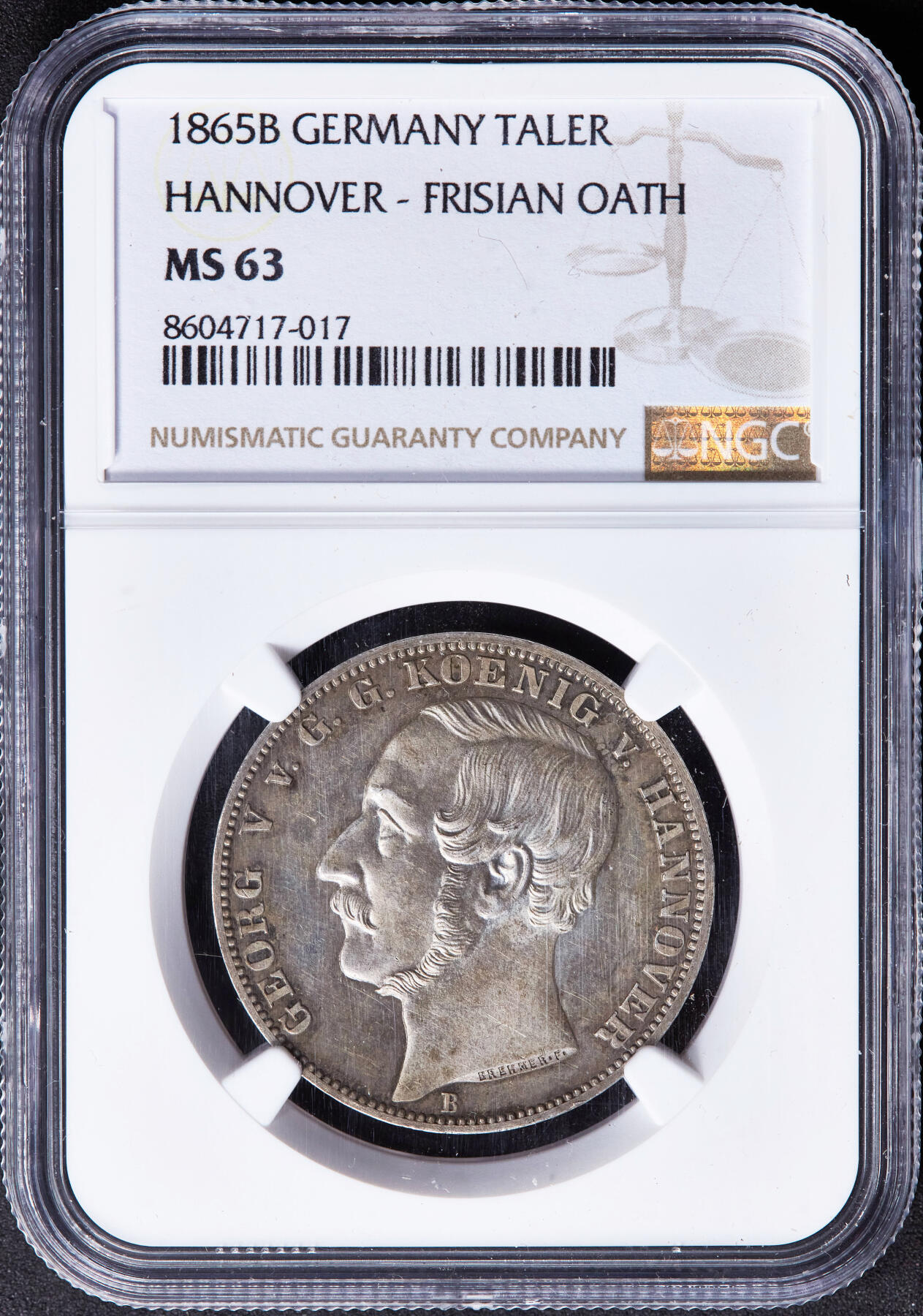 【俄甄集藏】“万象更新、马呈祥瑞”迎新春俄甄精品场-2026年(047)01-21 星期三 晚 19:30 全场包邮 德国汉诺威1865年格奥尔格五世B版橡树箴言1泰勒银币，NGC MS63，黄油彩原光品相，底板凝霜，细节犀利，名誉品种