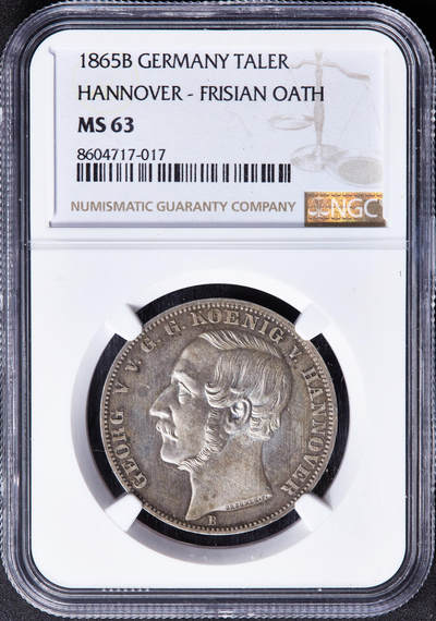 【俄甄集藏】“万象更新、马呈祥瑞”迎新春俄甄精品场-2026年(047)01-21 星期三 晚 19:30 全场包邮 - 德国汉诺威1865年格奥尔格五世B版橡树箴言1泰勒银币，NGC MS63，黄油彩原光品相，底板凝霜，细节犀利，名誉品种