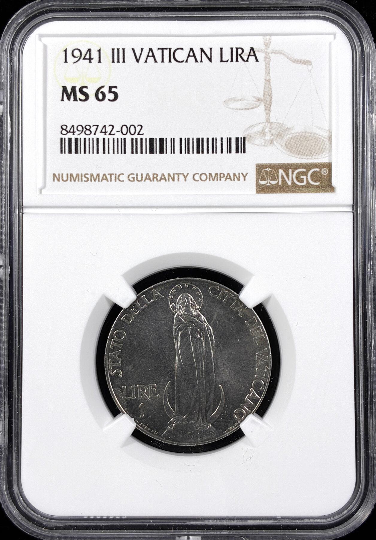 【雨安】【直播拍卖】【第0124期-评级币章】2026-01-17 周六 19:30 [评级欧洲] Vatican 梵蒂冈 1里拉 1941年  NGC-MS65