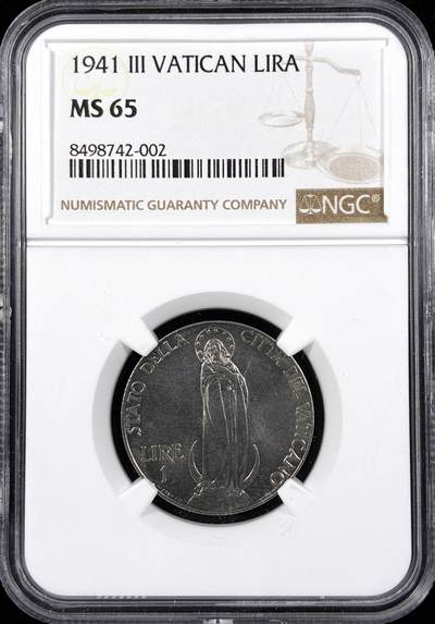 【雨安】【直播拍卖】【第0124期-评级币章】2026-01-17 周六 19:30 - [评级欧洲] Vatican 梵蒂冈 1里拉 1941年  NGC-MS65