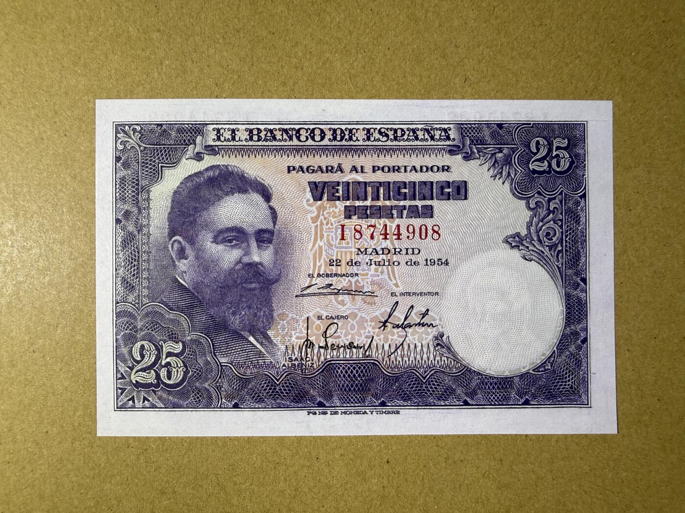 《艾美收藏》第229期-1.18周日外币荟萃 西班牙25比塞塔 UNC 1954年 西班牙作曲家阿尔贝尼斯