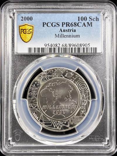 【雨安】【直播拍卖】【第0124期-评级币章】2026-01-17 周六 19:30 - [评级现代] Austria 奥地利 100先令 2000年 千禧年 PCGS-PR68DCAM 精制币