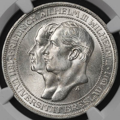 修遠堂世界钱币第101期 - NGC MS64 1911年普鲁士-布雷斯劳大学百年纪念3马克银币
