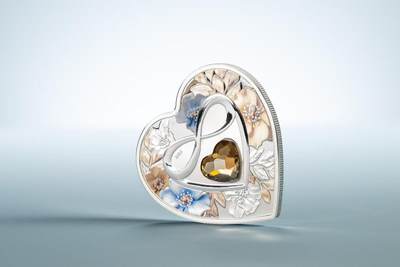 【币将精彩】世界钱币拍卖拍卖（2026-4-28） 库克2025年爱心心形水晶镶嵌银币，20克发行2025枚，带证书包装。