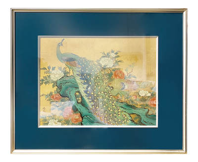 上海拍卖行2025年秋季古董珍玩拍卖会 - 日本名家作金箔彩绘漆画《彩翼孔雀》(70.5×58.5cm)