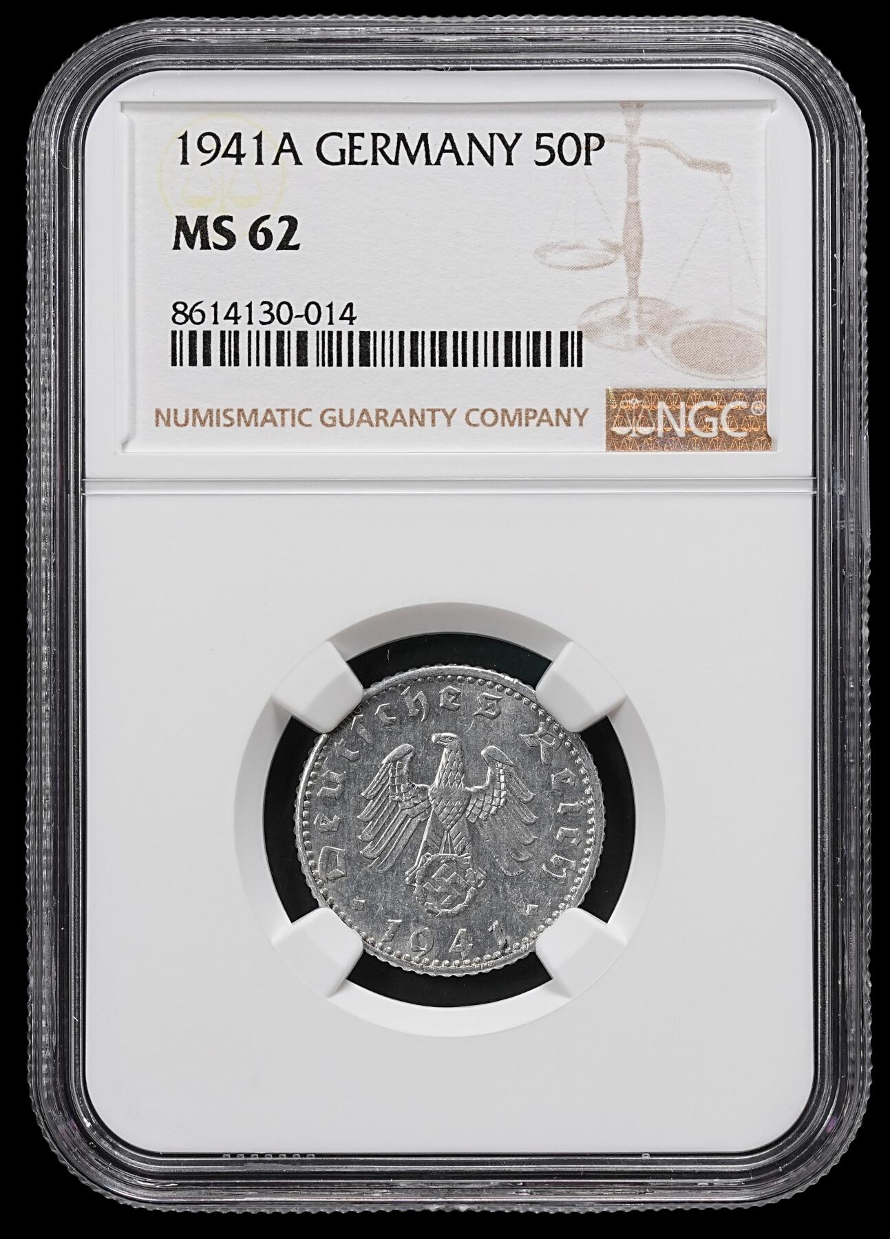 修遠堂世界钱币第101期 NGC MS62 1941年德国50芬尼 A厂铭