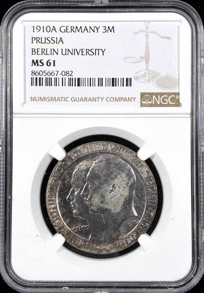 【雨安】【直播拍卖】【第0124期-评级币章】2026-01-17 周六 19:30 - [评级德国] Germany 德国 帝国 普鲁士 3马克 (1910) 柏林大学 1910年  NGC-MS61