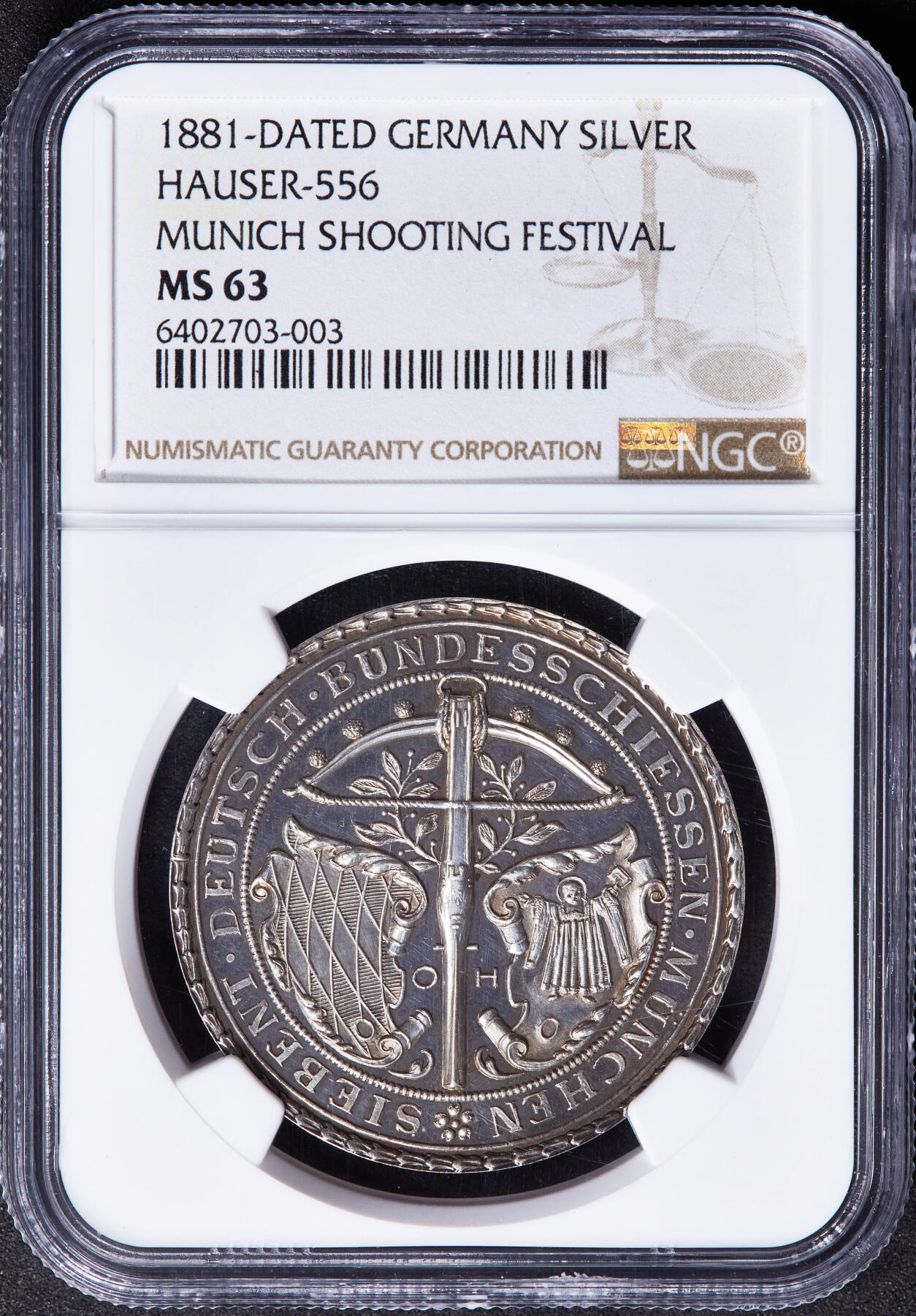 【俄甄集藏】“万象更新、马呈祥瑞”迎新春俄甄精品场-2026年(047)01-21 星期三 晚 19:30 全场包邮 德国巴伐利亚1881年纪念慕尼黑联邦射击节大银章，MGC MS63，原味老包浆，转光品相，底板凝霜，经典品种