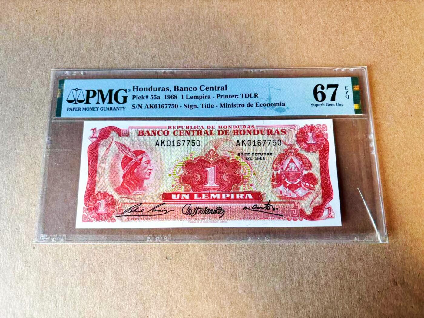 【Blue Auction】世界纸币精拍第776期——18级TOP拍卖/信誉/品质/专业/高效💫 【冠军分】洪都拉斯 1968年1伦皮拉 PMG67EPQ 高分 精美