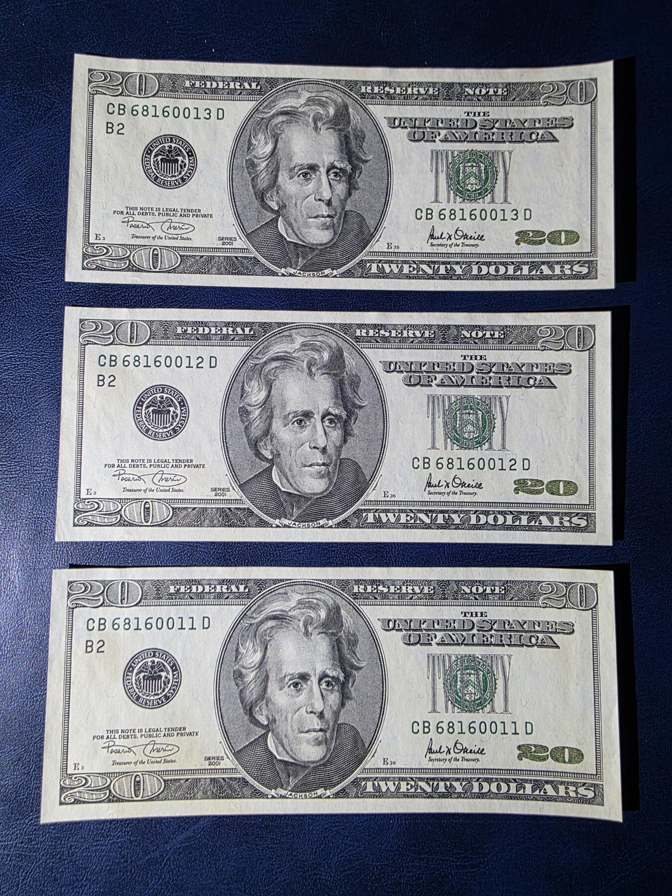 叁拾收藏第34期 美国大头20元  3连号  UNC