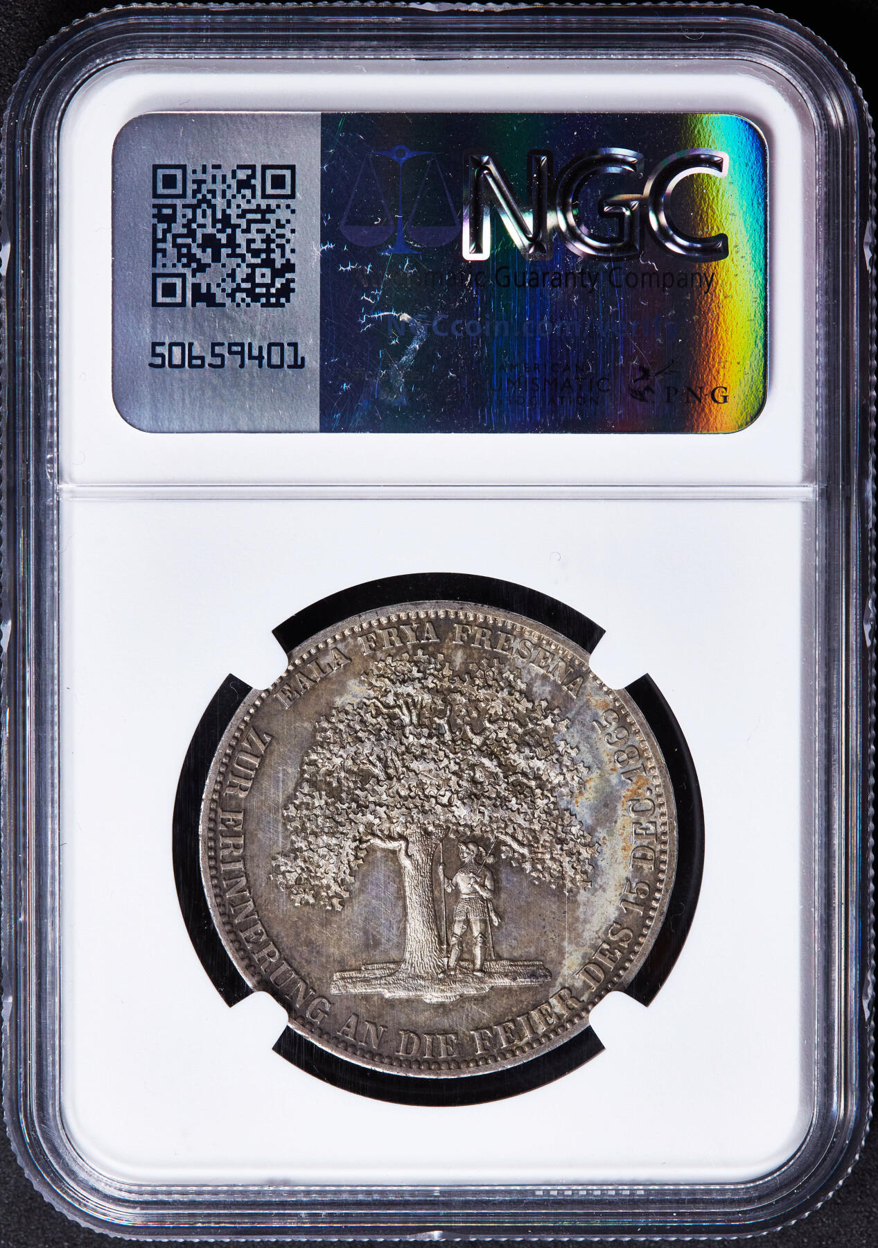 【俄甄集藏】“万象更新、马呈祥瑞”迎新春俄甄精品场-2026年(047)01-21 星期三 晚 19:30 全场包邮 德国汉诺威1865年格奥尔格五世B版橡树箴言1泰勒银币，NGC MS63，黄油彩原光品相，底板凝霜，细节犀利，名誉品种