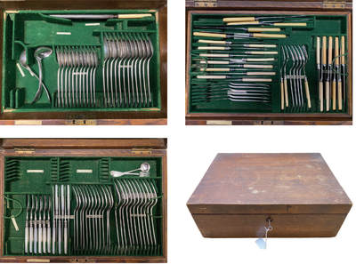 上海拍卖行2025年秋季古董珍玩拍卖会 - 19世纪英国Elkington&co(著名银匠)镀银古董餐具盒(附原装盒及钥匙)