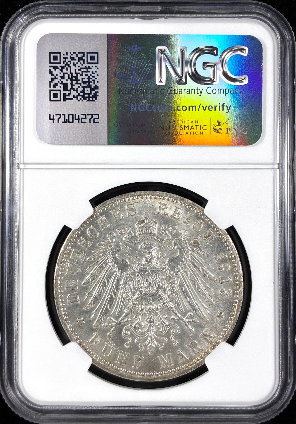 【雨安】【直播拍卖】【第0124期-评级币章】2026-01-17 周六 19:30 [评级德国] Germany 德国 帝国 普鲁士 5马克 (1913-1914) 军装 1913年  NGC-AU58