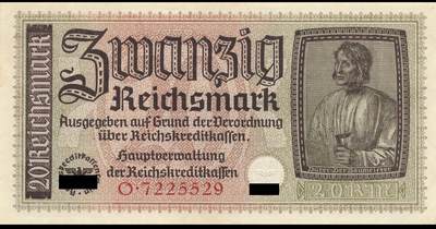 小福收藏拍卖第199期 裸钞场 本期有多张豹子号靓号 瑞士1000法郎 经典提香 毛里求斯首发年大全套 白俄罗斯5000000卢布 苏里南10000盾  爱沙尼亚  苏丹 西班牙 保加利亚 古巴等多国精美纸币 - 德国 1940-45年 20马克 unc