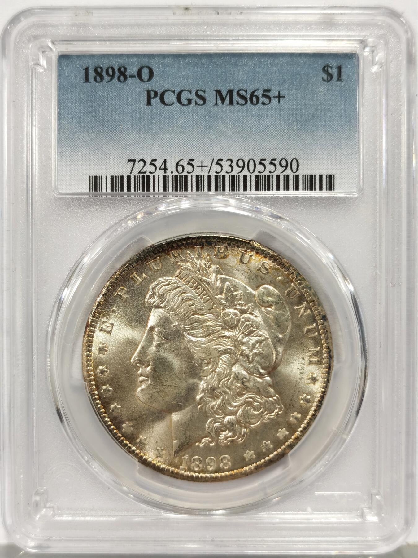 博洋堂世界钱币拍卖第157期（全场包邮） PCGS MS65+ 美国1898年O版摩根银币，淡彩包浆，观感与66分无异