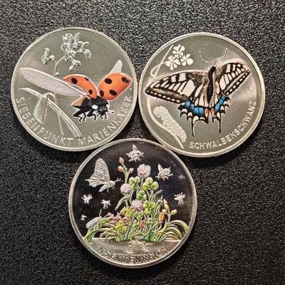 【德藏】世界币章拍卖第162期（拍品征集中~欢迎藏友联系） - 2022-23年 德国昆虫乐园局部彩色5欧元纪念镍币 3枚一组 直径约：27.2mm/枚；重约：9.6g/枚