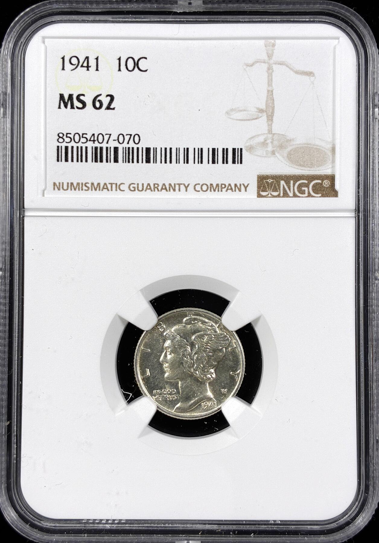 【雨安】【直播拍卖】【第0124期-评级币章】2026-01-17 周六 19:30 [评级美洲] USA 美国 10美分 (1916-1945) 小飞人 1941年  NGC-MS62