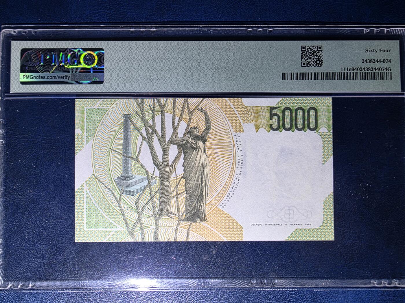 叁拾收藏第34期 意大利1985年5000里拉  大象号99999  PMG64