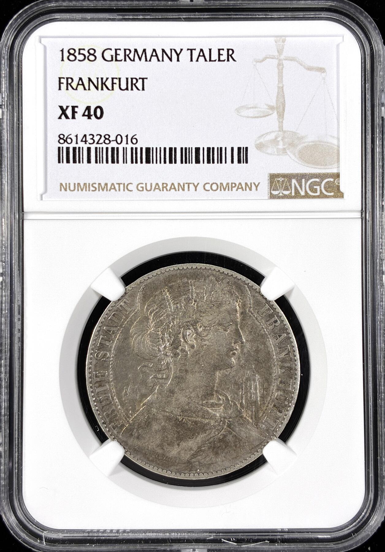 【雨安】【直播拍卖】【第0124期-评级币章】2026-01-17 周六 19:30 [评级德国] Germany 德国 德意志 1泰勒 Frankfurt法兰克福 Thun.141 KM#0354 (1857-1858) 法兰克福少女.教堂 1858年  NGC-XF40