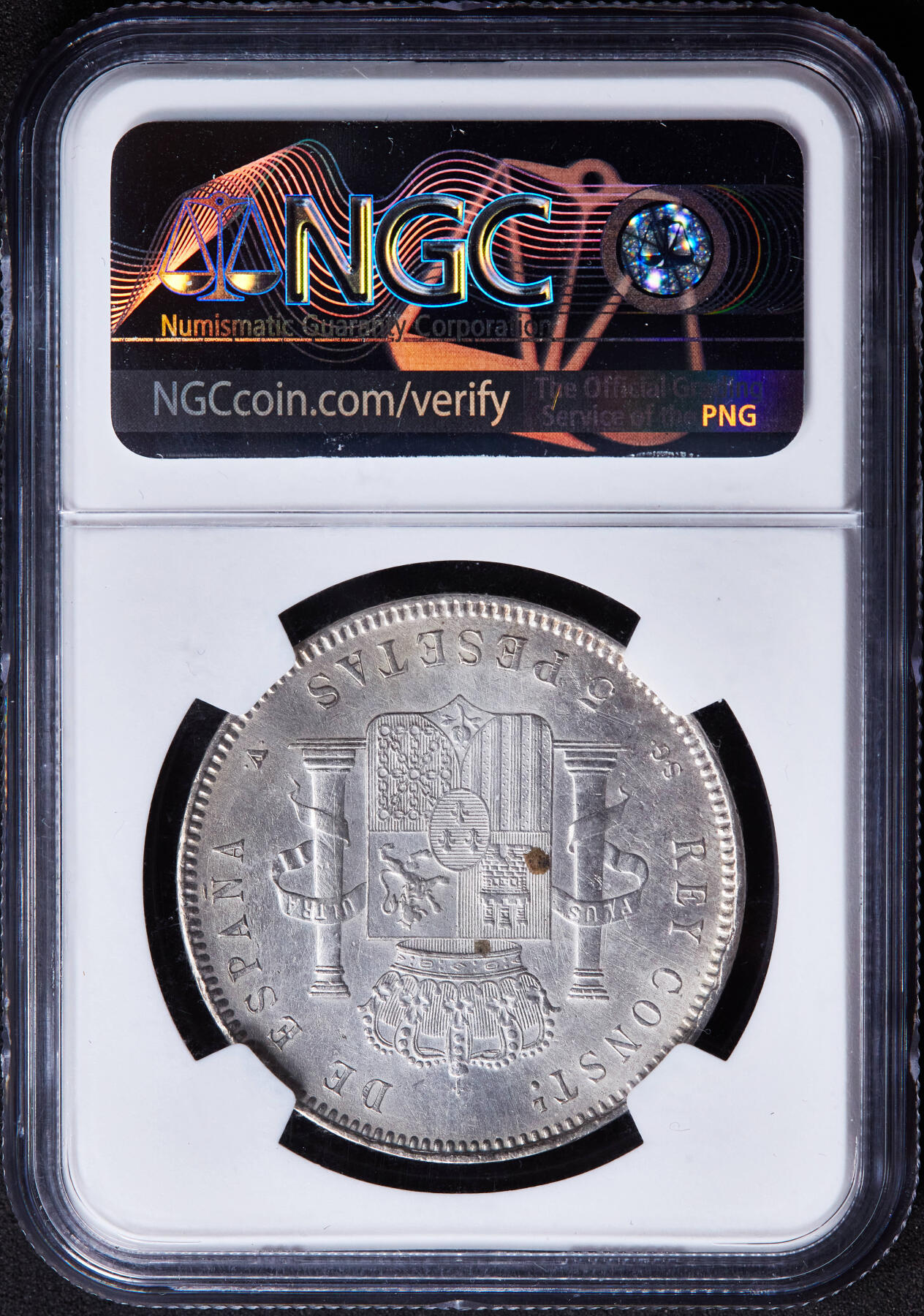 【俄甄集藏】“万象更新、马呈祥瑞”迎新春俄甄精品场-2026年(047)01-21 星期三 晚 19:30 全场包邮 西班牙1898年阿方索十三世5比塞塔双柱大银币，NGC AUD，黄油彩原光品相