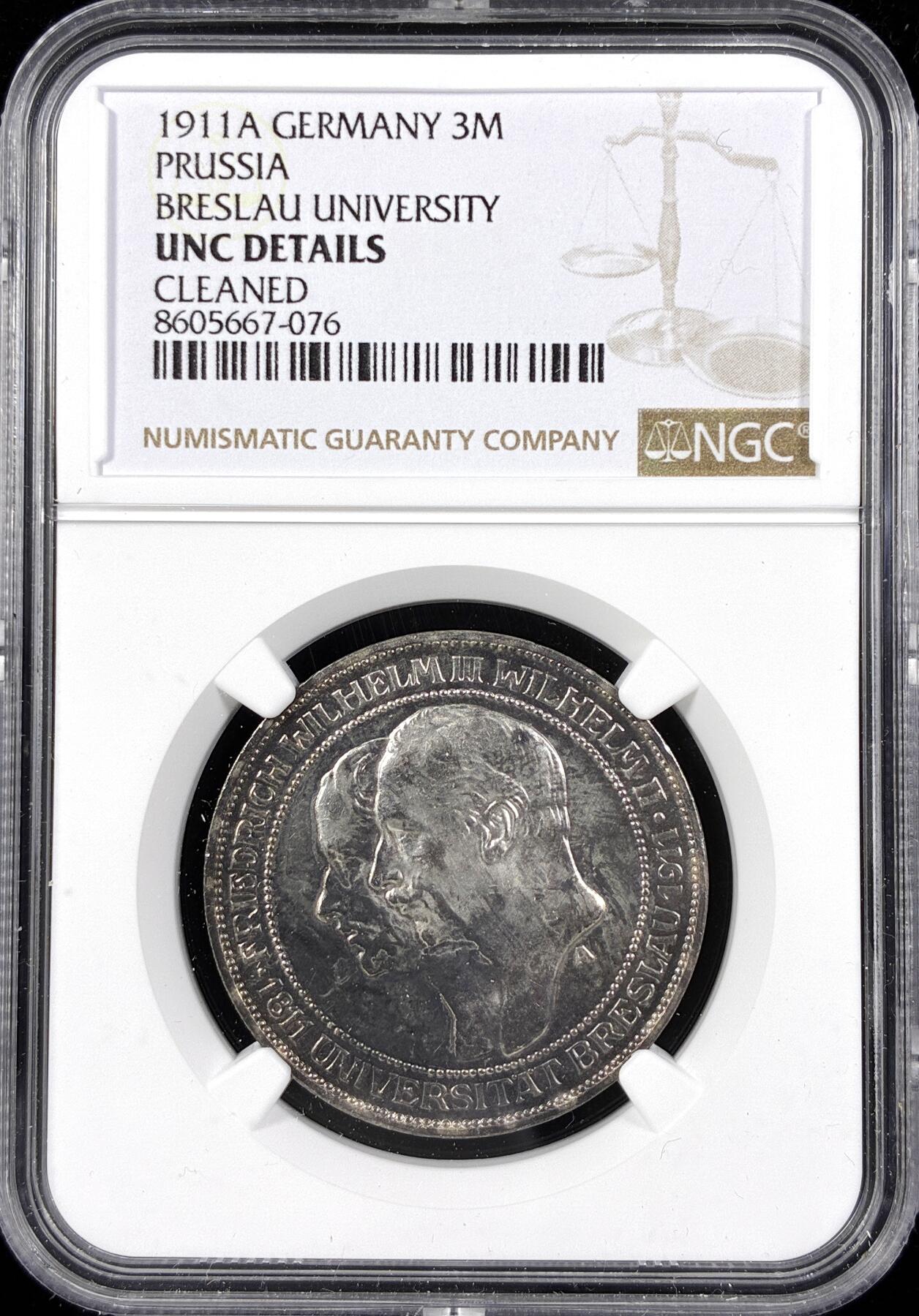 【雨安】【直播拍卖】【第0124期-评级币章】2026-01-17 周六 19:30 [评级德国] Germany 德国 帝国 普鲁士 3马克 (1911) 布雷斯劳大学 1911年  NGC-UNC