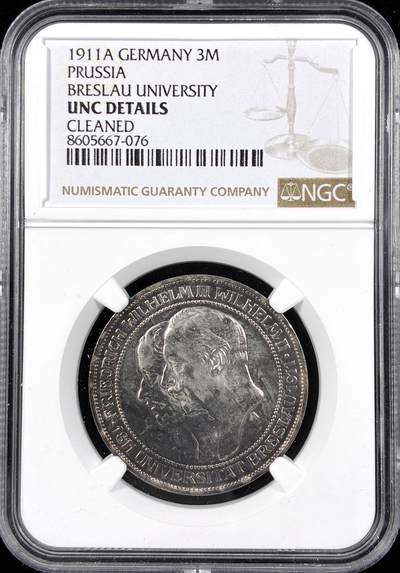 【雨安】【直播拍卖】【第0124期-评级币章】2026-01-17 周六 19:30 - [评级德国] Germany 德国 帝国 普鲁士 3马克 (1911) 布雷斯劳大学 1911年  NGC-UNC