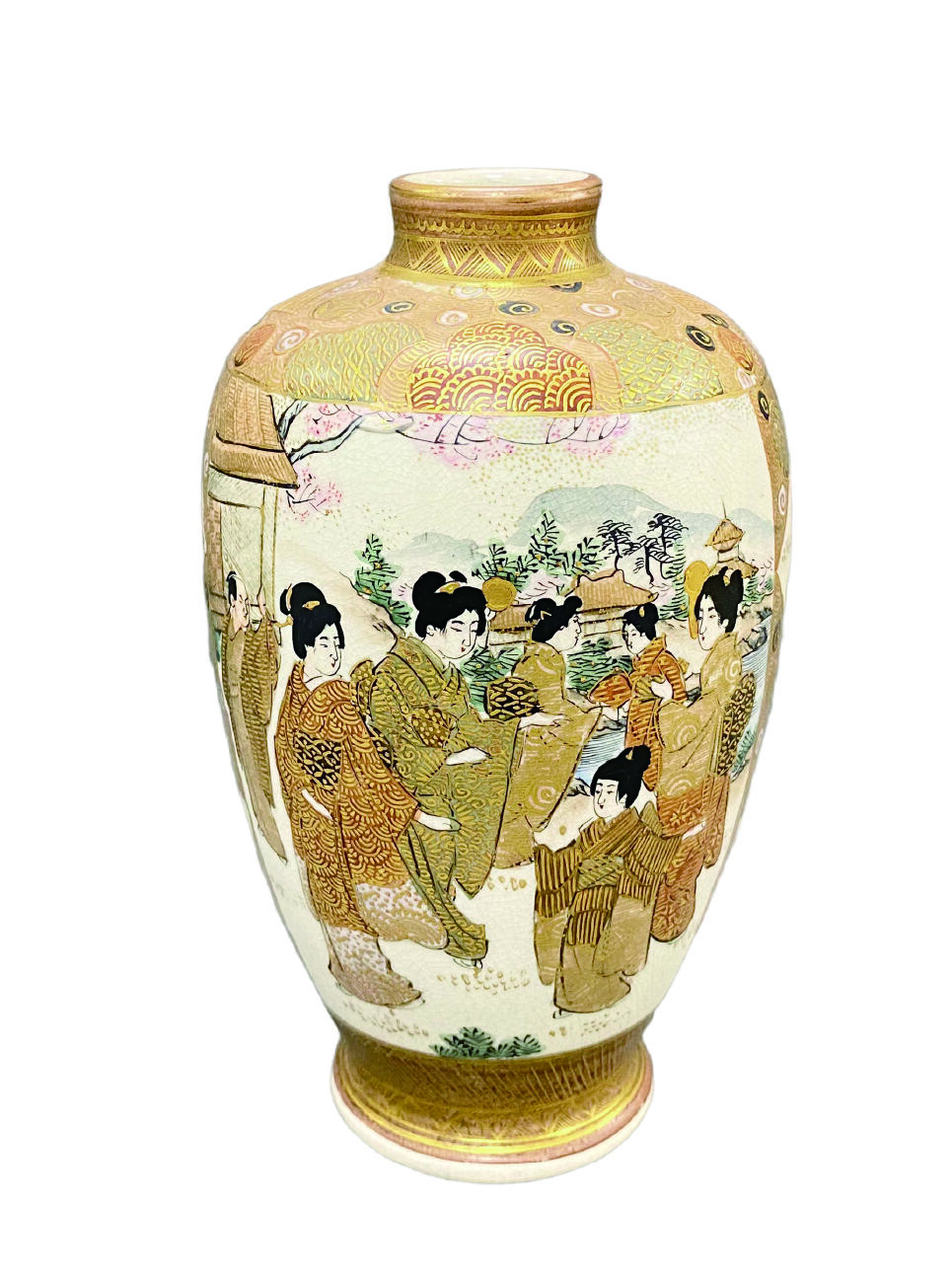 上海拍卖行2025年秋季古董珍玩拍卖会 约19世纪末日本萨摩手绘明治宫廷场景古董小花瓶(H:15.5cm)