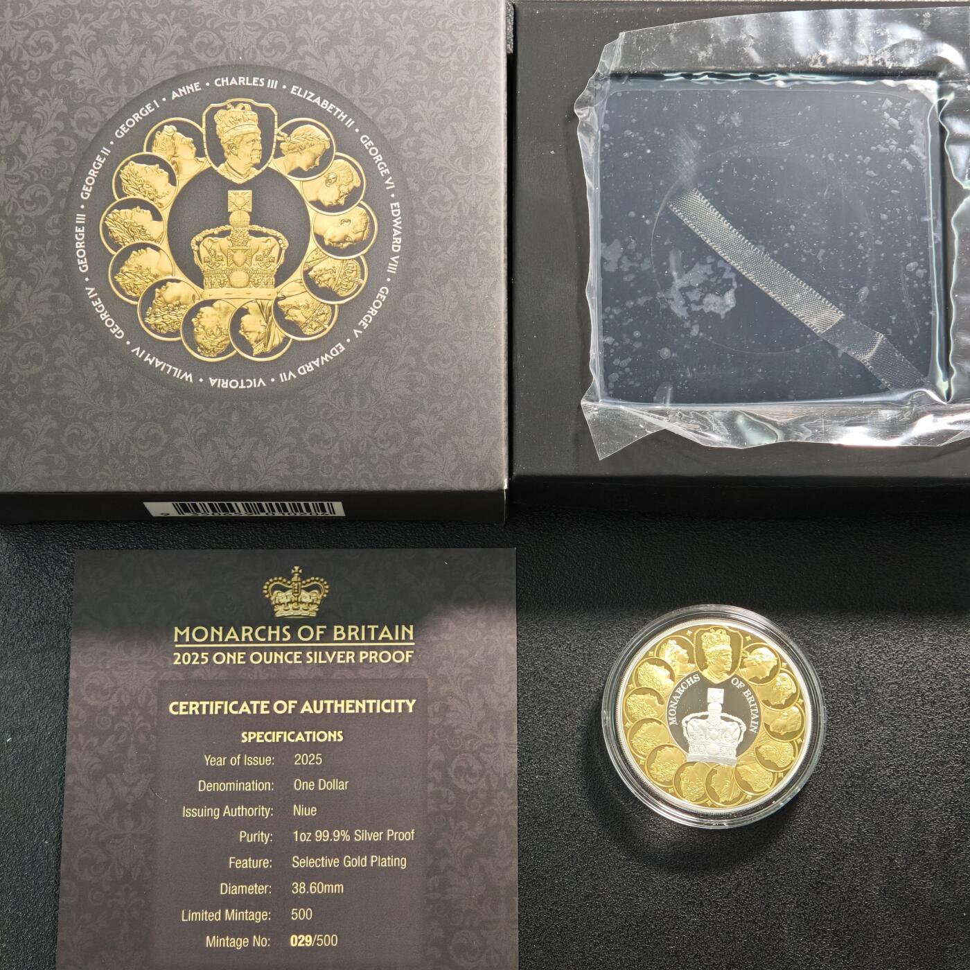 【德藏】世界币章拍卖第162期（拍品征集中~欢迎藏友联系） 2025年 纽埃英国君主局部镀金1元精制纪念银币 原盒 带证书 1盎司 999银 发行量500枚