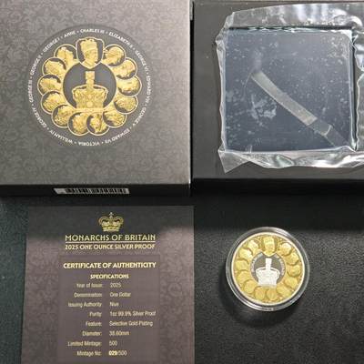 【德藏】世界币章拍卖第162期（拍品征集中~欢迎藏友联系） - 2025年 纽埃英国君主局部镀金1元精制纪念银币 原盒 带证书 1盎司 999银 发行量500枚
