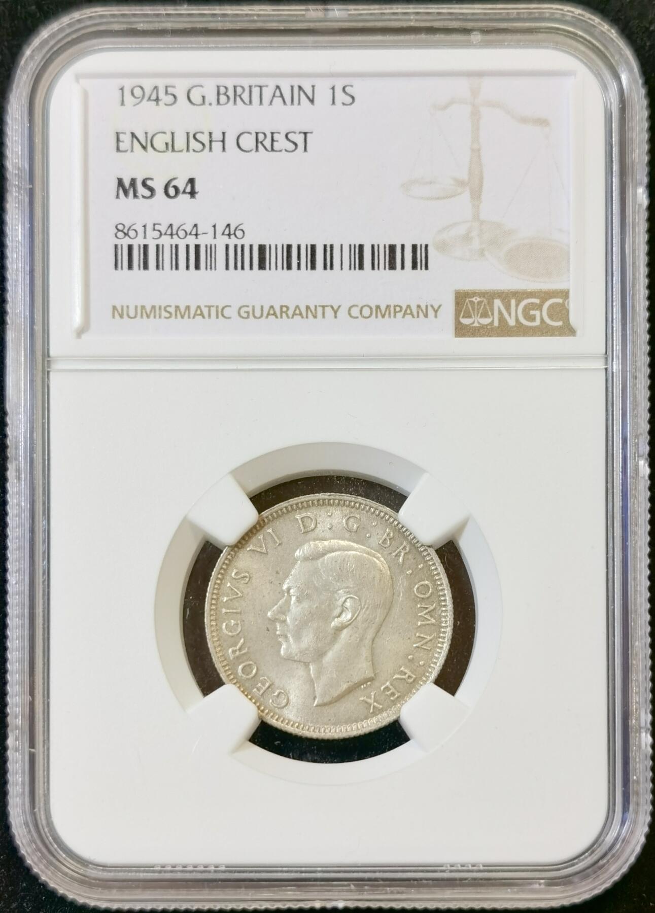 甄臻铺-世界币章拍卖（第48期）精品场拍品征集中，送拍享返佣金等优惠多多 NGC-MS64 乔治六世1先令银币，特色暗灰色包浆，较少见站狮，苏格兰版