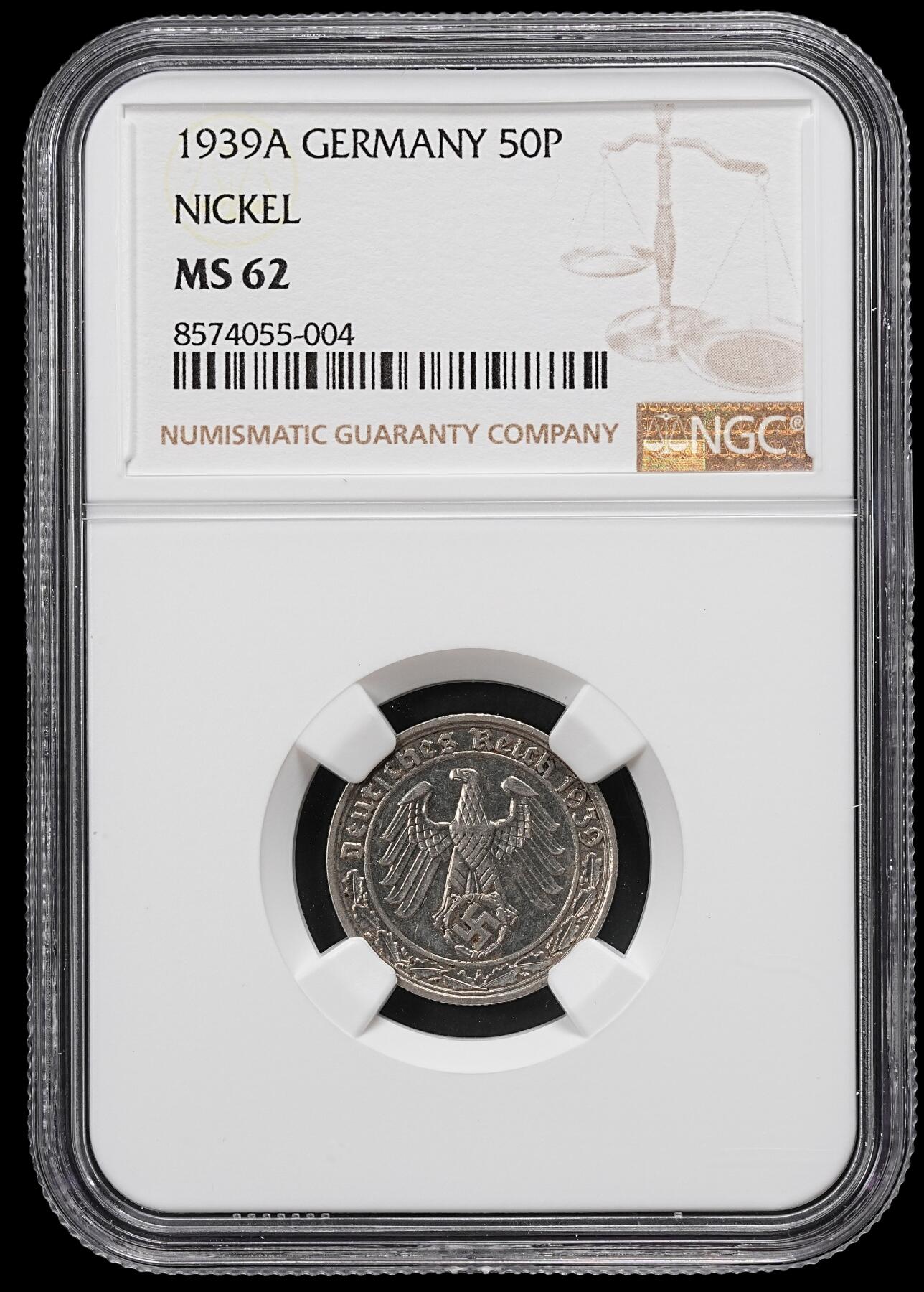 修遠堂世界钱币第101期 NGC MS62 1939德国50芬尼坦克币 A厂铭