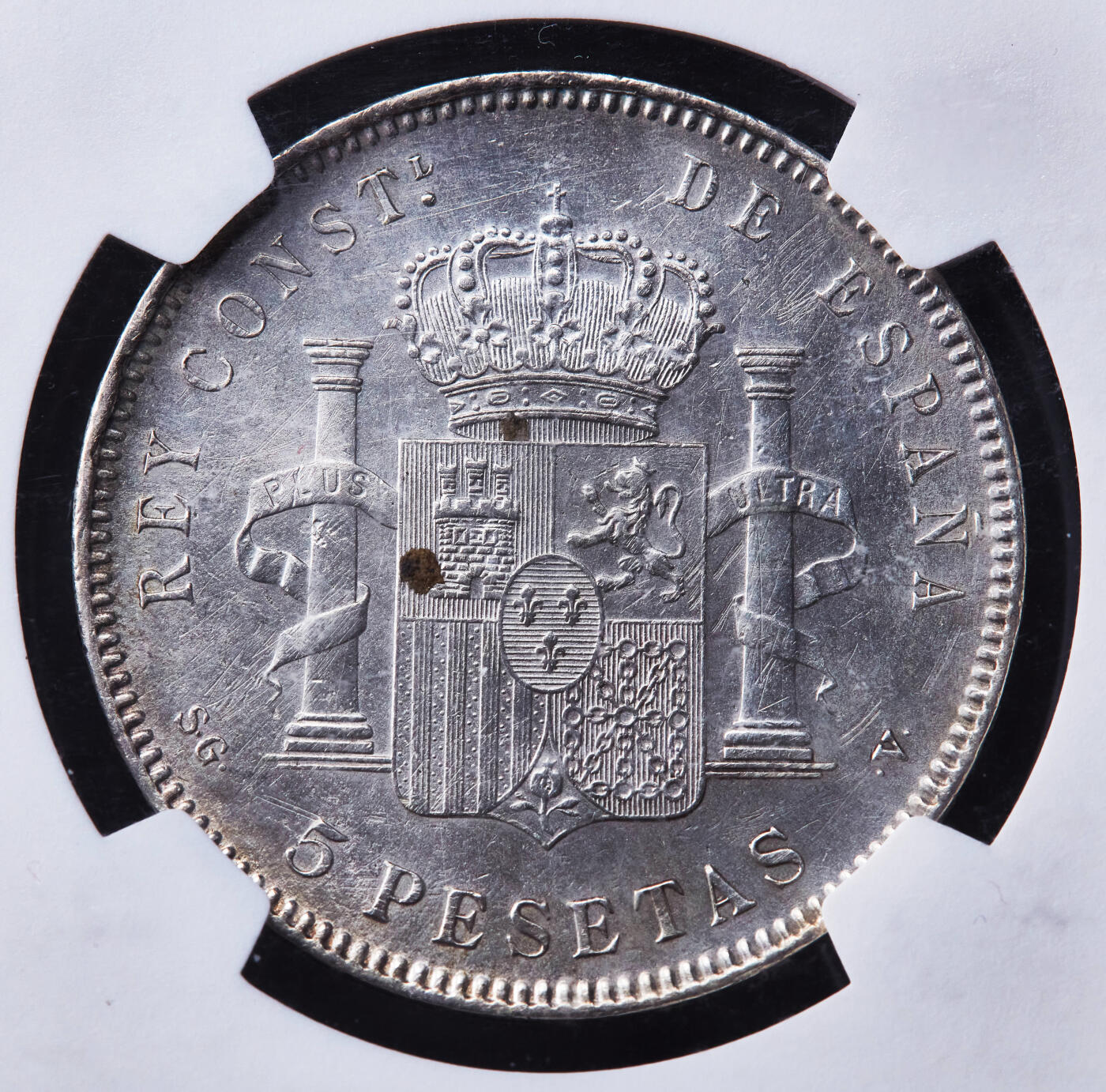 【俄甄集藏】“万象更新、马呈祥瑞”迎新春俄甄精品场-2026年(047)01-21 星期三 晚 19:30 全场包邮 西班牙1898年阿方索十三世5比塞塔双柱大银币，NGC AUD，黄油彩原光品相