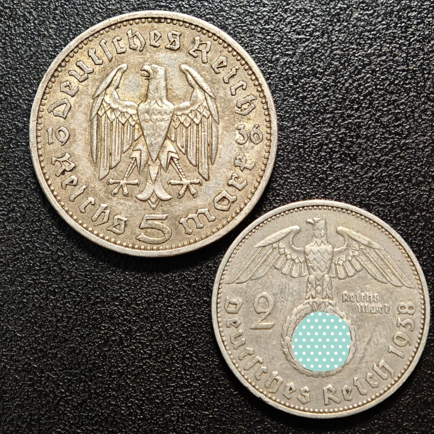 【德藏】世界币章拍卖第162期（拍品征集中~欢迎藏友联系） 2枚一组 1936年 德国兴登堡5马克银币 及 1938年 德国兴登堡2马克银币 （原图请联系客服）